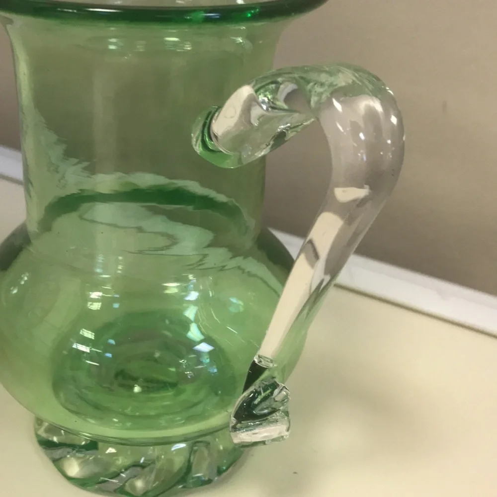 Vintage Signed Green Handblown Glass Pitcher w/ Applied‎ Clear Glass Handle&Base